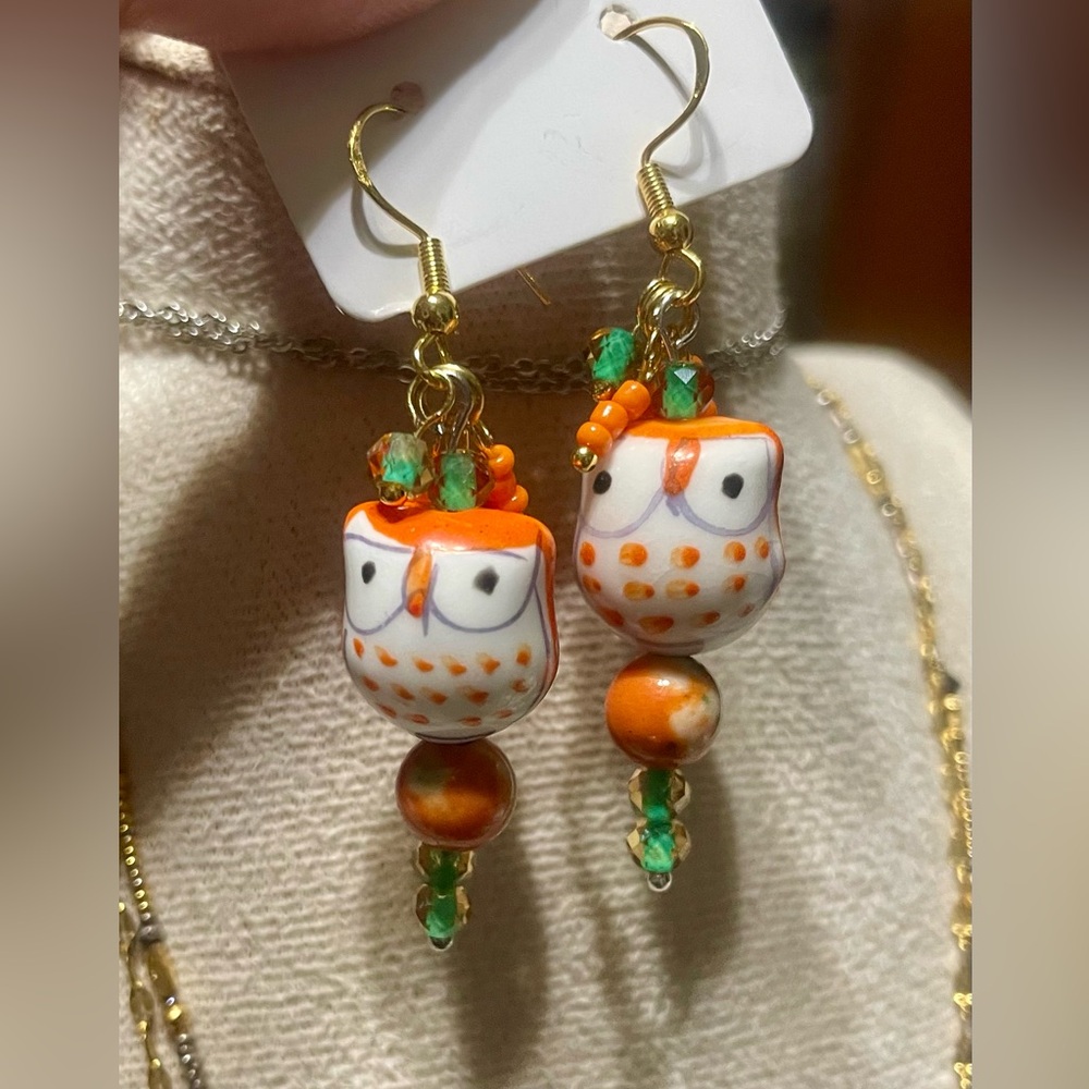 Fun Owl Earrings with Orange and Green Accents - Picture 3 of 9